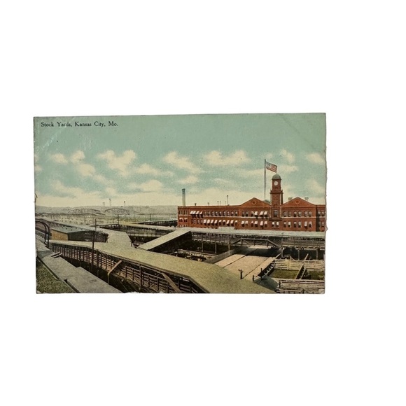 Vtg 1900s Postcard Stock Yards Kansas City Missouri MO Hannibal Bridge Distantly - Picture 1 of 2